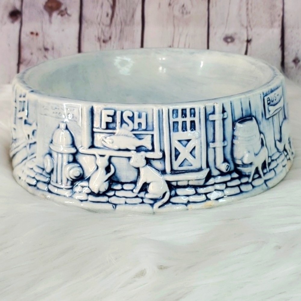 Vintage 90s Ceramic Handpainted Molded Textured 3D Signed Animal Pet Food Dish - Picture 11 of 17